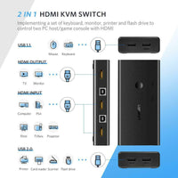 UGREEN USB HDMI KVM Switch 4K, 2 IN 1 OUT HDMI Switcher and Extended 4 Ports USB Hub Manual Sharing Box with USB Cables