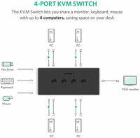 UGREEN VGA KVM Switch Box, 4 IN 1 OUT VGA Switch 1080P Sharing Video Adapter with 3 Port Extended USB Hub for Computer PC Laptop Desktop with One Monitor