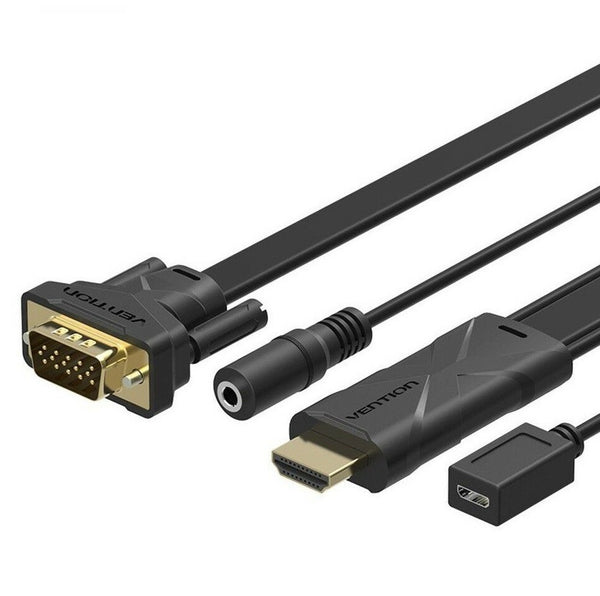 Flat HDMI To VGA Converter Cable + 3.5mm Audio + Power (1080p)- Gold Plated 1.5M