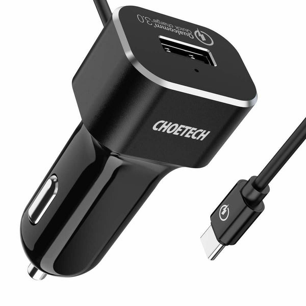 CHOETECH Dual Ports 36W Car Charger Adapter with Hardwired Type-C Cable 3.3ft/1m